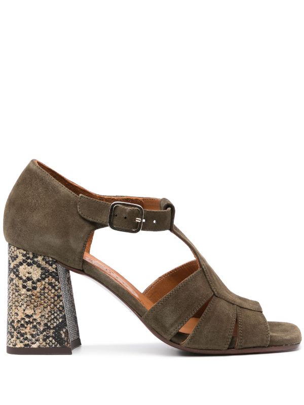 Chie Mihara Fiza khaki olive suede cage T-bar sandal with embossed textured block heel, handmade in Spain