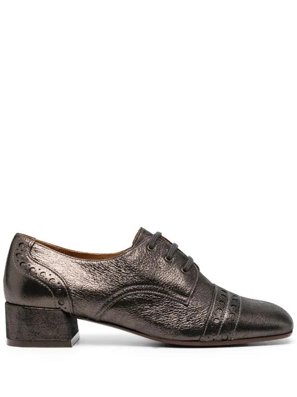 Chie Mihara Ikane iron metallic crinkle leather brogue Oxford pump with cap toe and low block heel, handmade in Spain