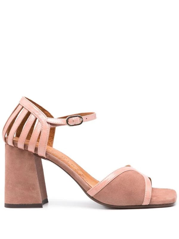 Chie Mihara Pelu blush pink suede and leather cage sandal with wide front strap and high block heel, handmade in Spain