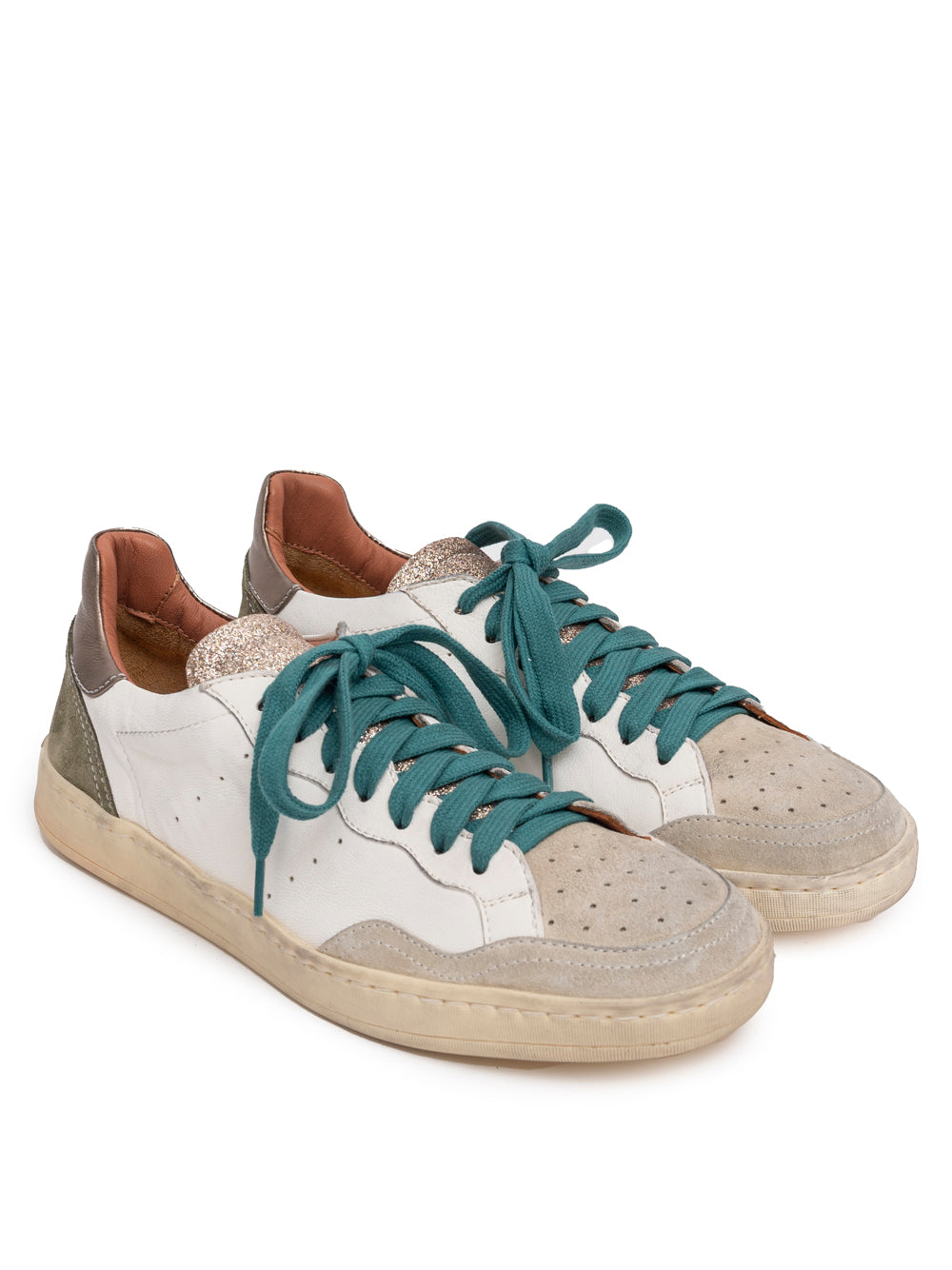 Elia Maurizi Fiona women's sneaker handmade in Italy, off white vegetable leather and suede with teal laces and bronze metallic heel