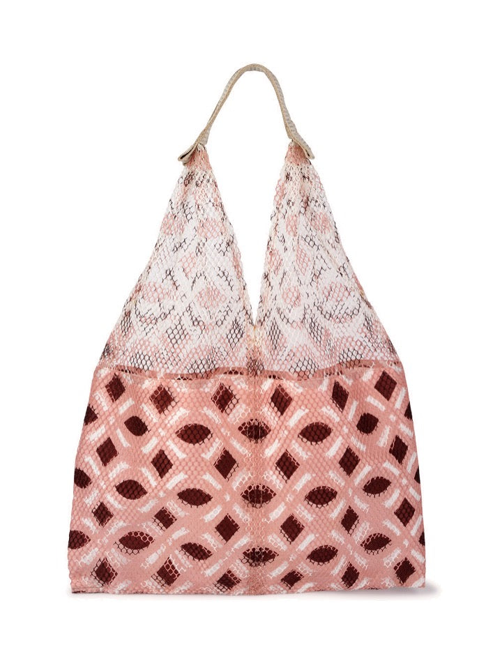 Épice Paris Elziver large shopper bag in nude and burgundy, 55x50x10 cm, triangular mesh design with inner zip pouch