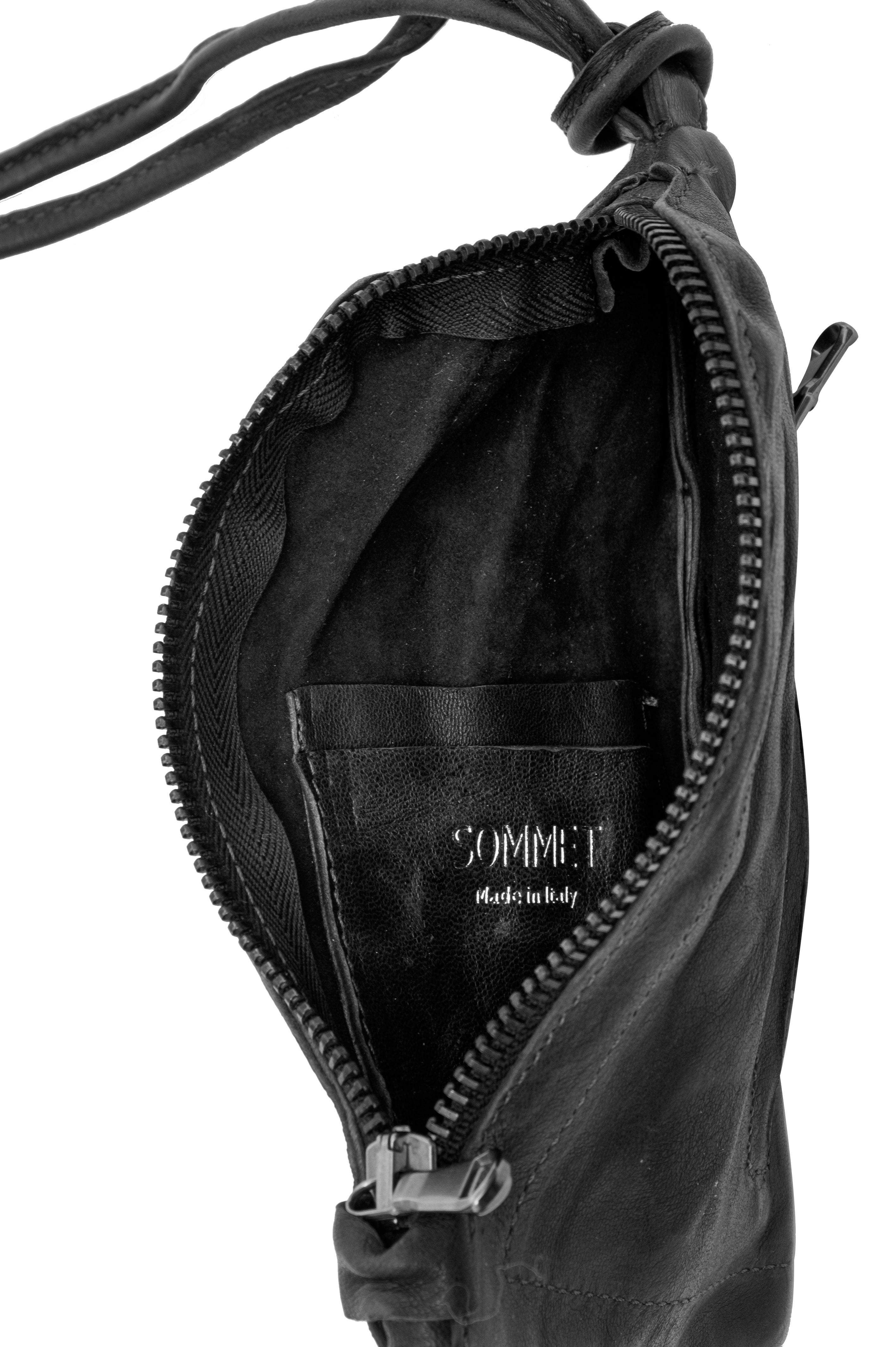 Sommet Neck black leather phone wallet with card and coin compartments, adjustable strap for neck or crossbody, compact everyday accessory