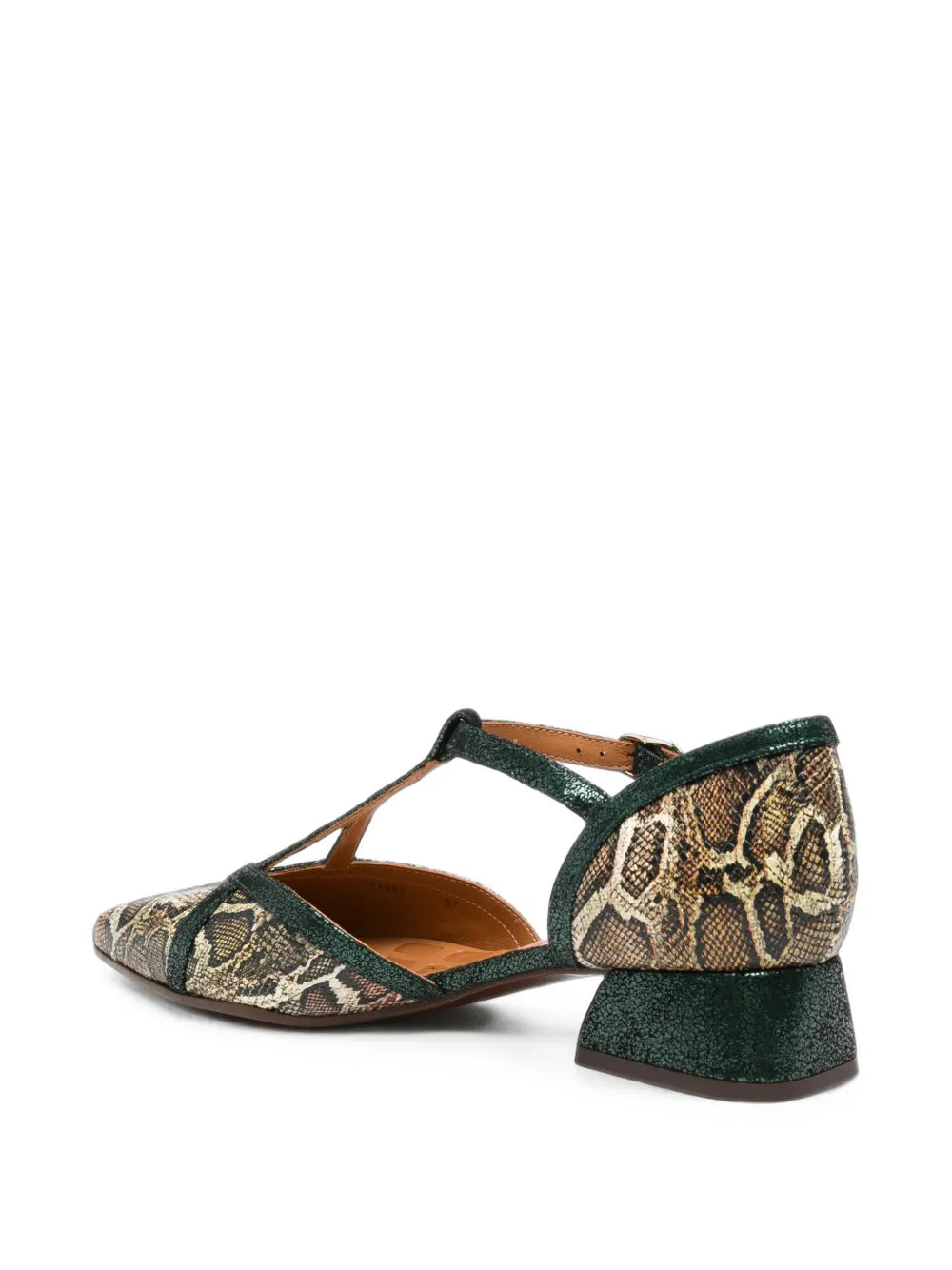 Chie Mihara HIDROW low heel T-strap shoe in natural snakeskin print with crystal green metallic straps