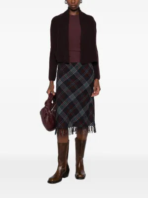 SUSANNE BOMMER dark bordeaux cashmere cardigan styled with a checked skirt