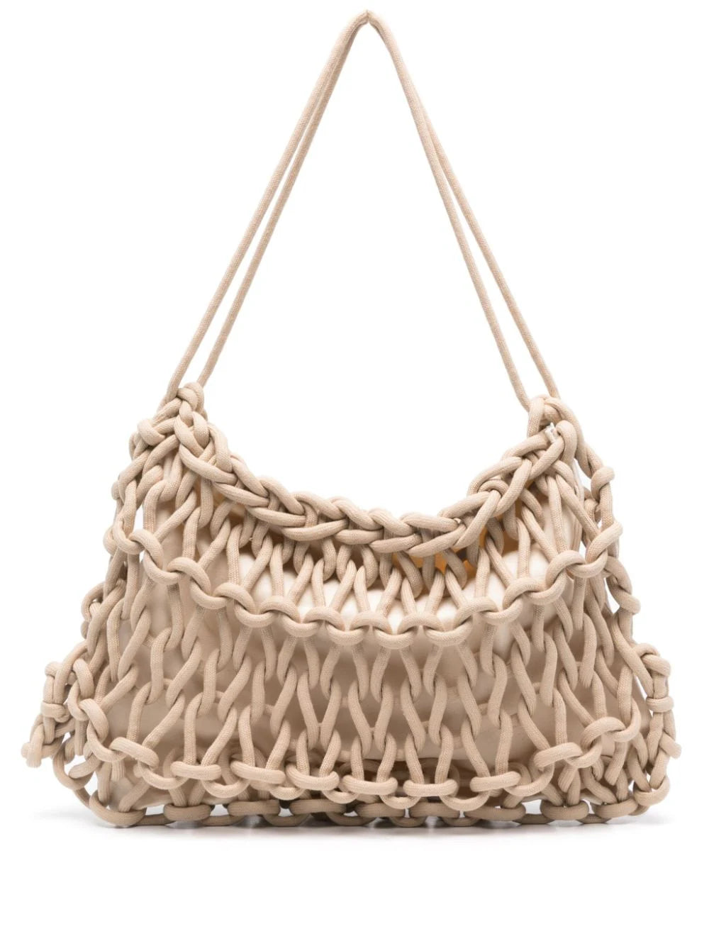 Bolso de hombro de&nbsp;&nbsp;Alienina tejido a mano con cuerda de algodón en color verde hoja. Forro de algodón y cierre de clip.  100% Algodón  Medida: Ancho 44 cm. Alto 30 cm.  Instrucciones de cuidado: Lavado en seco.  Color_Sand  Hecho a mano en Italia.