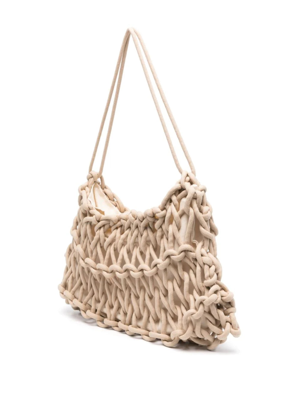 Bolso de hombro de&nbsp;&nbsp;Alienina tejido a mano con cuerda de algodón en color verde hoja. Forro de algodón y cierre de clip.  100% Algodón  Medida: Ancho 44 cm. Alto 30 cm.  Instrucciones de cuidado: Lavado en seco.  Color_Sand  Hecho a mano en Italia.