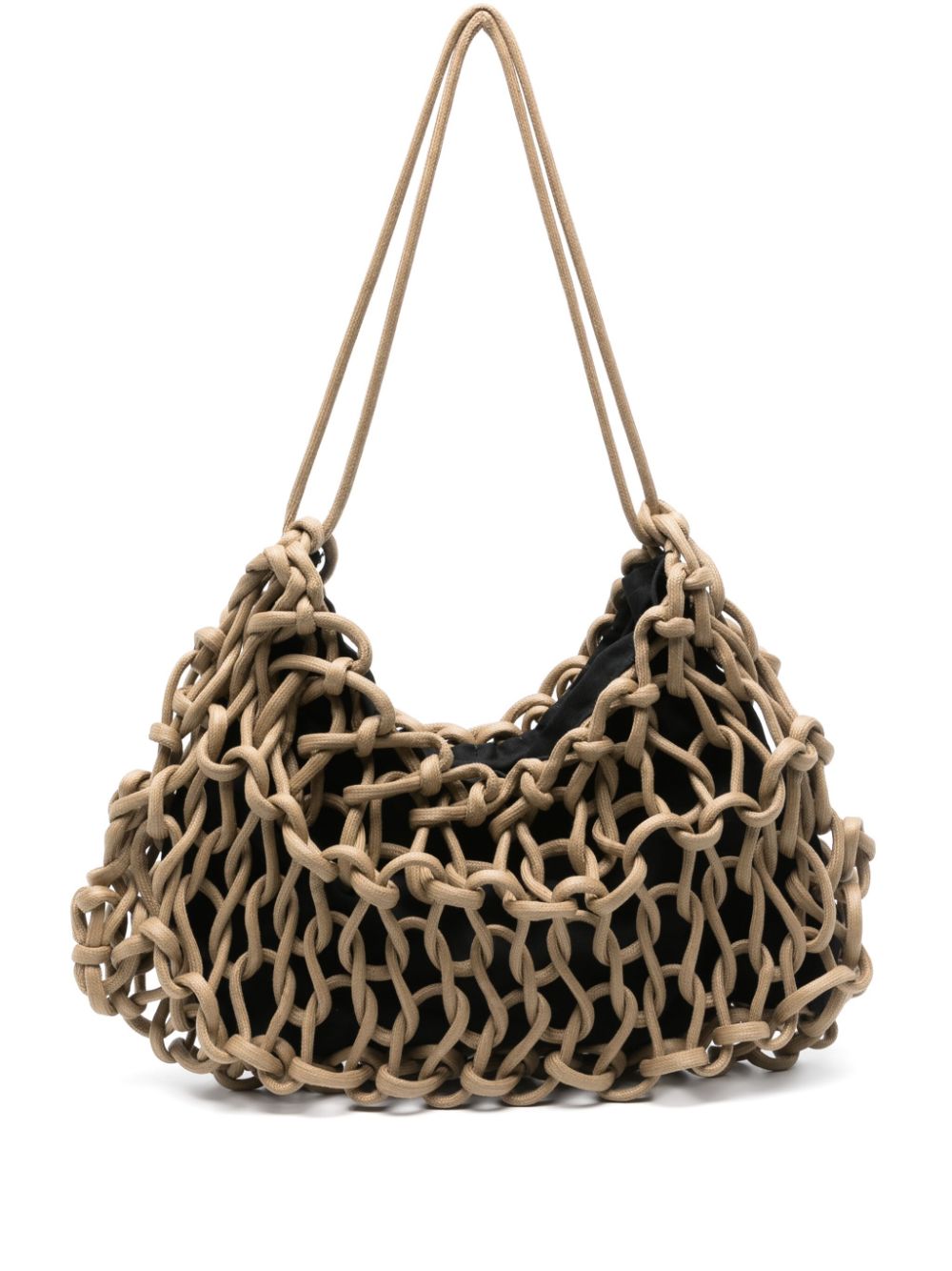 Bolso de hombro de  Alienina tejido a mano con cuerda de algodón encerado en color camel. Forro de algodón y cierre de clip.

100% Algodón encerado.

Medida: Ancho 44 cm. Alto 30 cm.

Instrucciones de cuidado: Lavado en seco.

Hecho a mano en Italia.