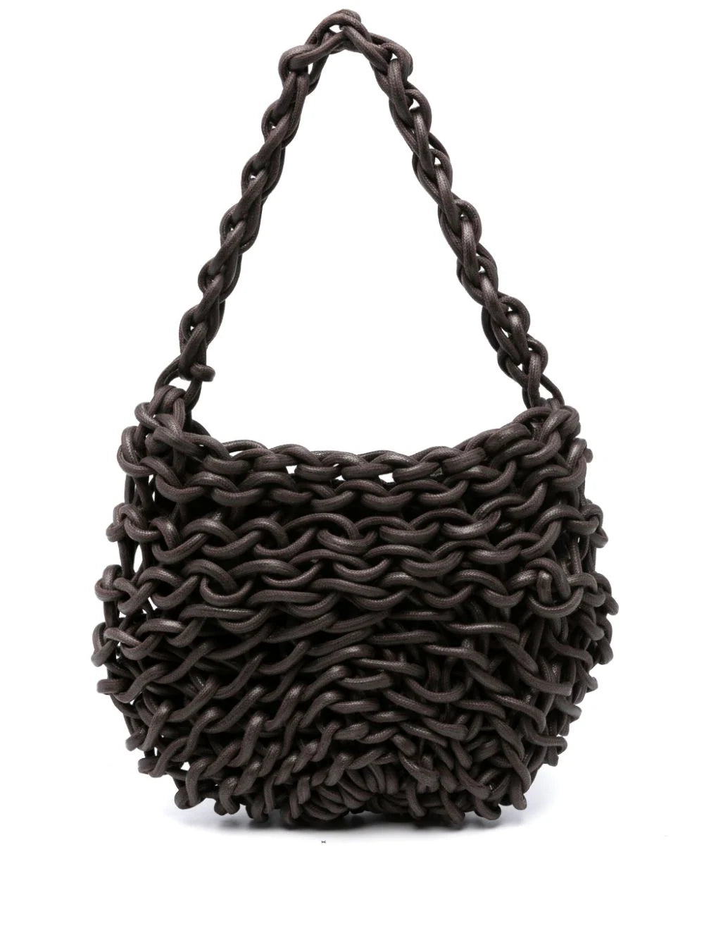 Bolso Alice de Alienina en marrón chocolate tejido a mano con cuerda de algodón, con cierre de cremallera y bolsillo interior.