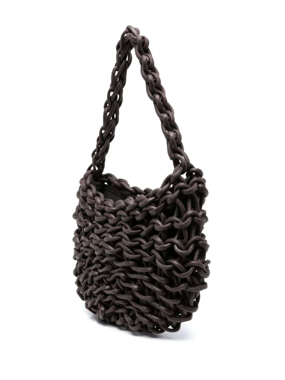 Bolso Alice de Alienina en marrón chocolate tejido a mano con cuerda de algodón, con cierre de cremallera y bolsillo interior.