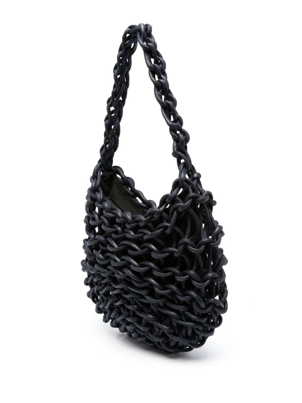 Bolso de hombro de  Alienina tejido a mano con cuerda de algodón y lurex. Forro de algodón, bolsillo interior y cierre de cremallera.  100% Algodón  Medida: Ancho 26 cm. Alto 33 cm.  Instrucciones de cuidado: Lavado en seco.  Color_Navy  Hecho a mano en Italia.