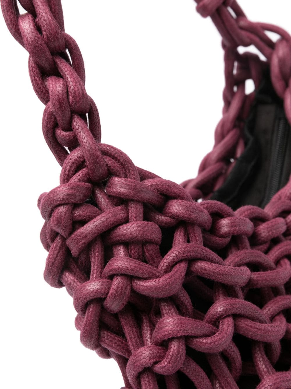 Bolso de hombro de&nbsp;&nbsp;Alienina tejido a mano con cuerda de algodón y lurex. Forro de algodón, bolsillo interior y cierre de cremallera.  100% Algodón  Medida: Ancho 26 cm. Alto 33 cm.  Instrucciones de cuidado: Lavado en seco.  Color_Plum  Hecho a mano en Italia.