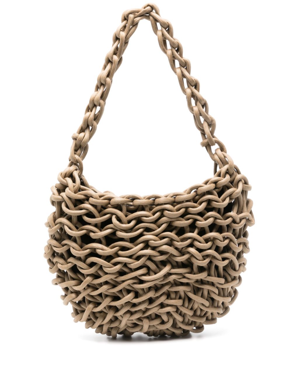 Bolso de hombro de  Alienina tejido a mano con cuerda de algodón encerado. Forro de algodón, bolsillo interior y cierre de cremallera.

100% Algodón

Medida: Ancho 26 cm. Alto 33 cm.

Instrucciones de cuidado: Lavado en seco.

Color_Camel

Hecho a mano en Italia.