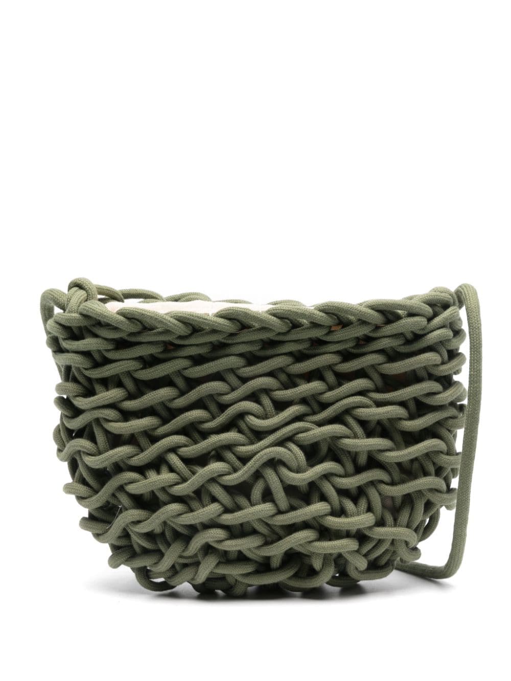 Bolso de hombro de&nbsp;&nbsp;Alienina tejido a mano con cuerda de algodón encerado en color lime. Forro de algodón y cierre de&nbsp;cordón.  100% Algodón encerado.  Medida: Ancho 29 cm. Alto 21 cm.  Instrucciones de cuidado: Lavado en seco.  Color_Leaf  Hecho a mano en Italia.