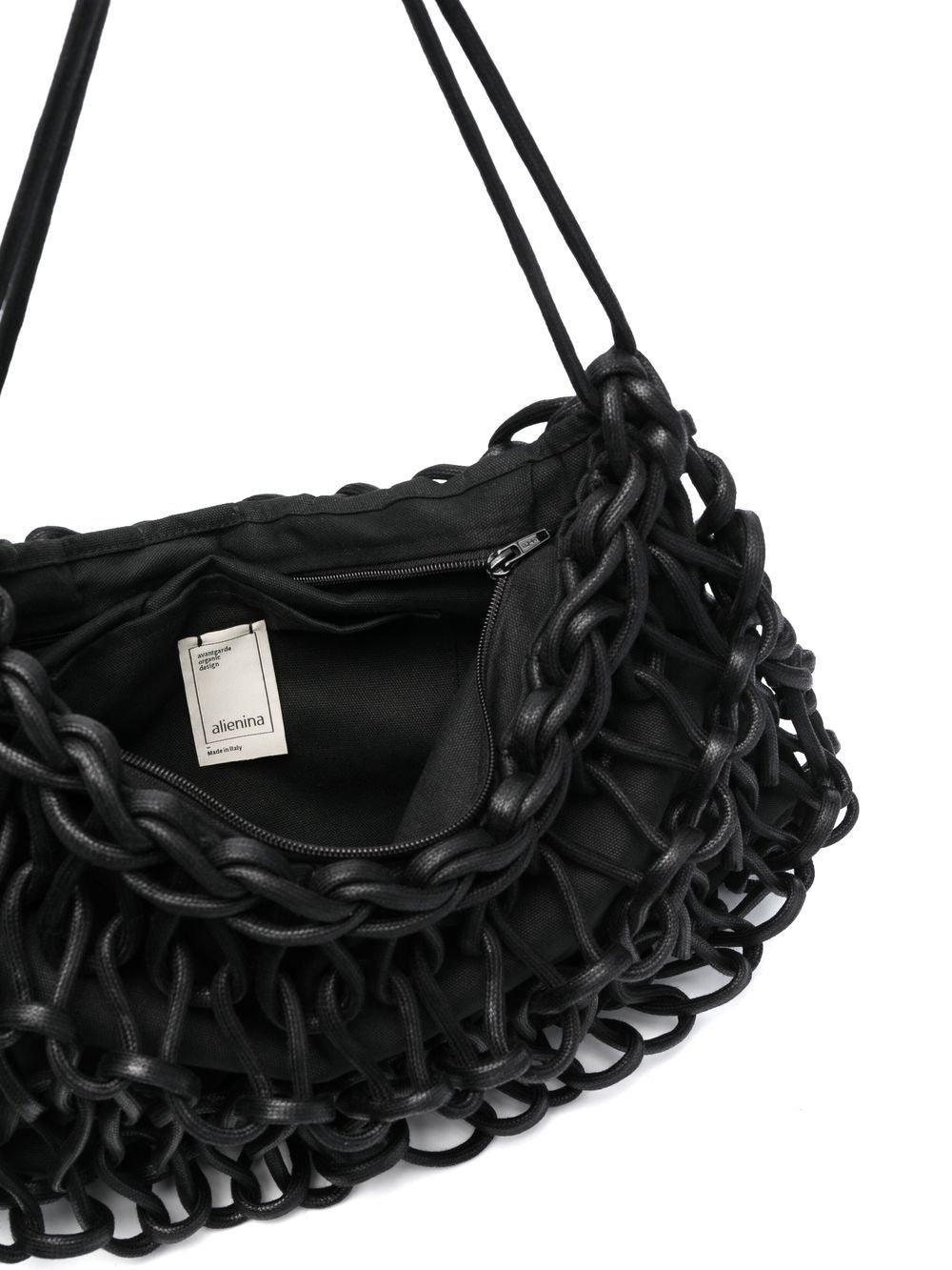Bolso Nadia de Alienina negro tejido a mano en algodón encerado con lurex y cierre de cremallera

