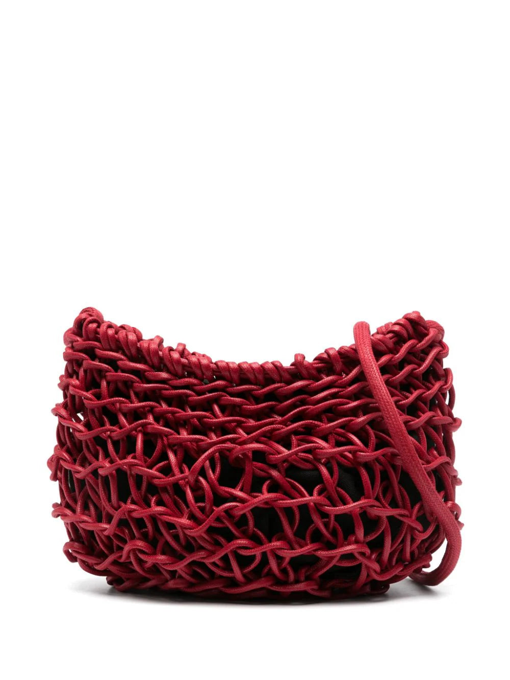Bolso de hombro de&nbsp;&nbsp;Alienina tejido a mano con cuerda de algodón encerado en rojo. Forro en negro de algodón y cierre cremallera.  100% Algodón  Medida: Ancho 36 cm. Alto 24 cm.  Instrucciones de cuidado: Lavado en seco.  Color_Red  Hecho a mano en Italia.