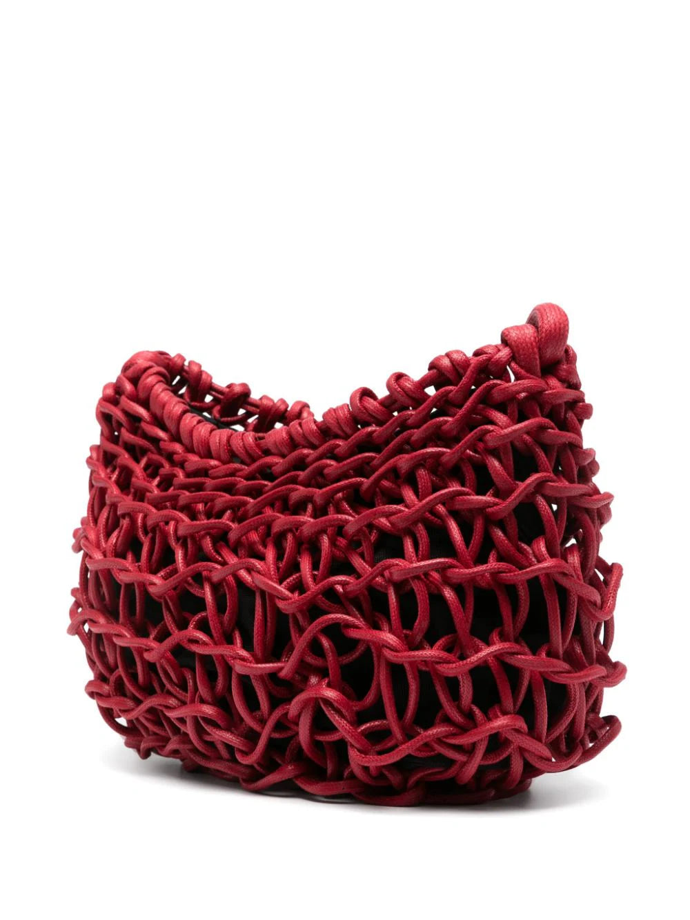 Bolso de hombro de&nbsp;&nbsp;Alienina tejido a mano con cuerda de algodón encerado en rojo. Forro en negro de algodón y cierre cremallera.  100% Algodón  Medida: Ancho 36 cm. Alto 24 cm.  Instrucciones de cuidado: Lavado en seco.  Color_Red  Hecho a mano en Italia.