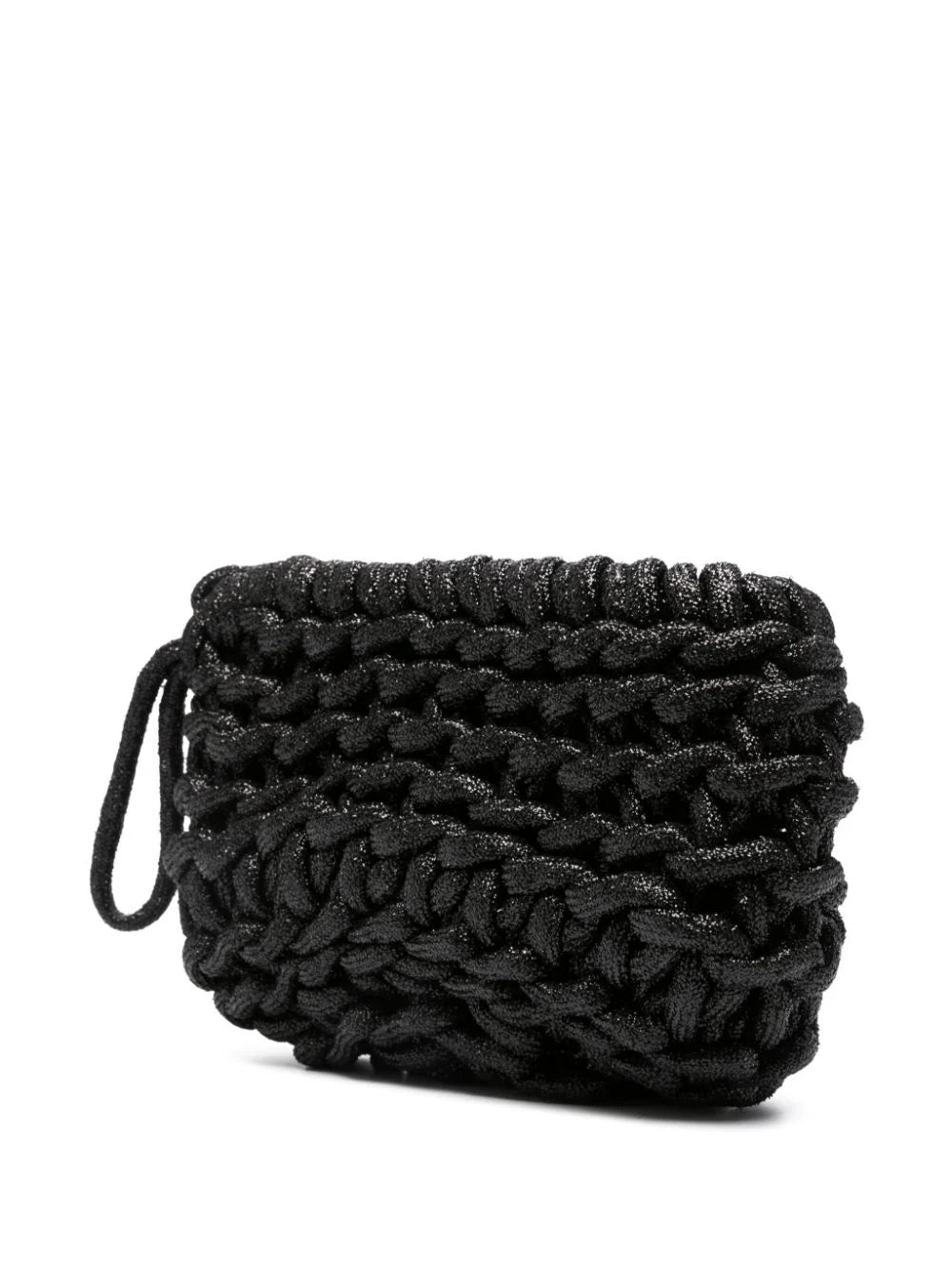 Clutch de&nbsp; Alienina tejido a mano cordón de lurex en negro. Forro de algodón y cierre de cremallera.  100% Algodón &amp; Lurex  Medida: Ancho 33 cm. Alto 21 cm.  Instrucciones de cuidado: Lavado en seco.  Hecho a mano en Italia.