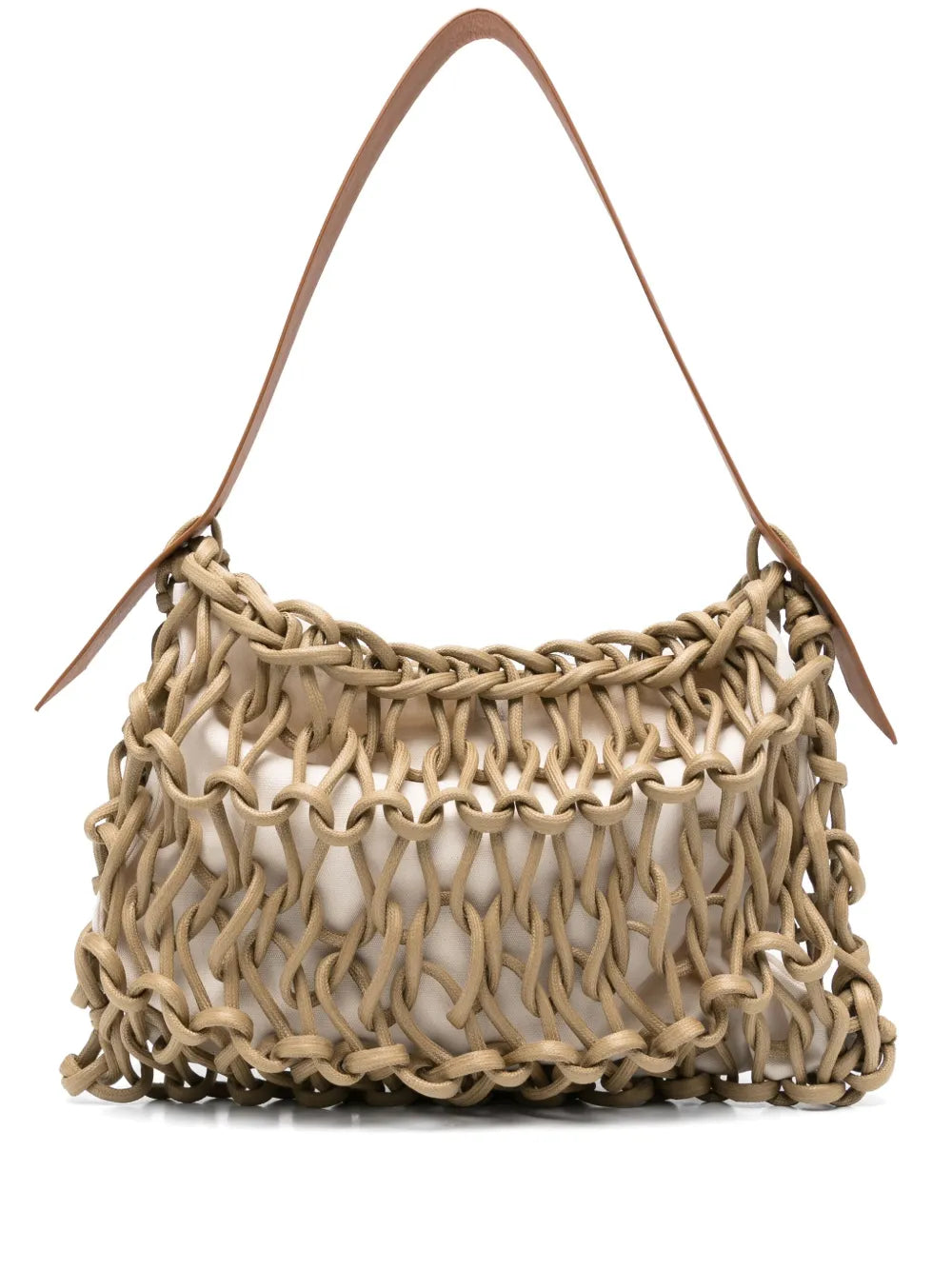 Bolso Alia de Alienina en color camel, hecho a mano en Italia con cuerda de algodón encerado y correa de piel biodegradable.