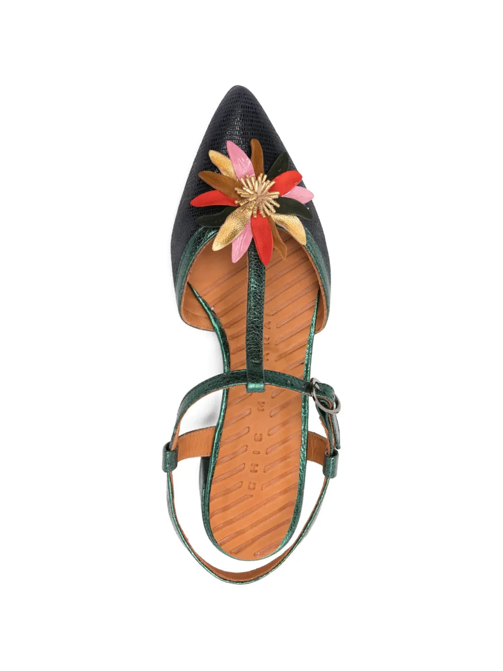 Sandalia Tacón Bajo Azul - Verde - Flor