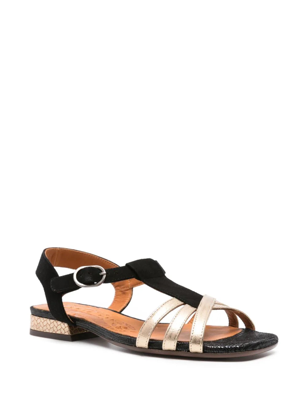 Sandalia de Chie Mihara en ante negro y piel dorada. Tacón bajo grueso de 4 CM  Suela: Piel de becerro 100%, Goma 100% Exterior: Ante de becerro 100%, Piel de becerro 100% Forro: Piel de becerro 100%  Modelos_TIANA