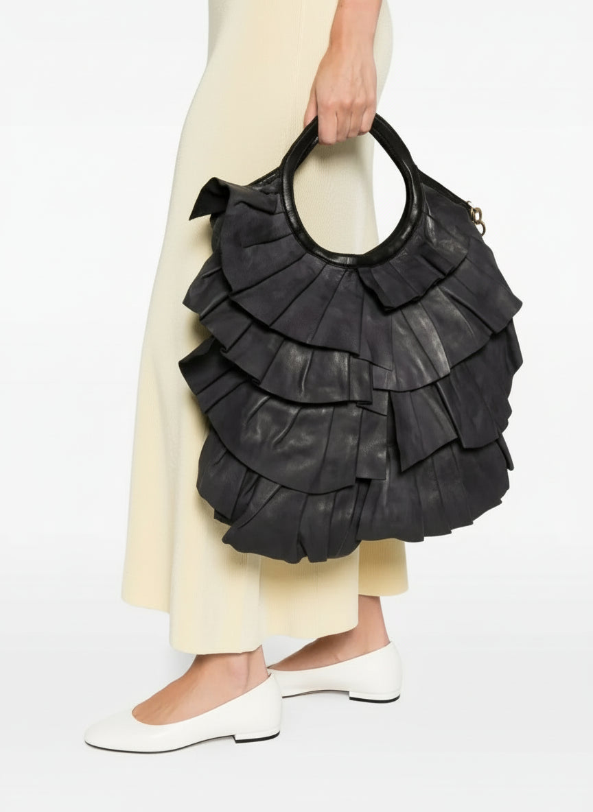 Caterina Lucchi black pleated leather handbag with removable crossbody strap, zipper closure and Italian handcrafted detailing