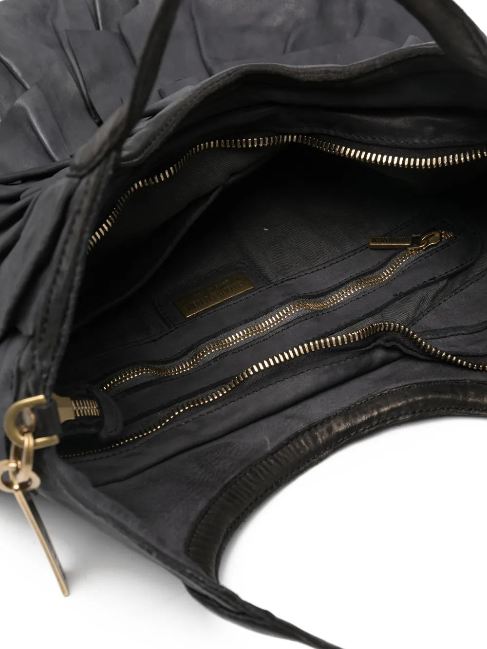 Caterina Lucchi black pleated leather handbag with removable crossbody strap, zipper closure and Italian handcrafted detailing