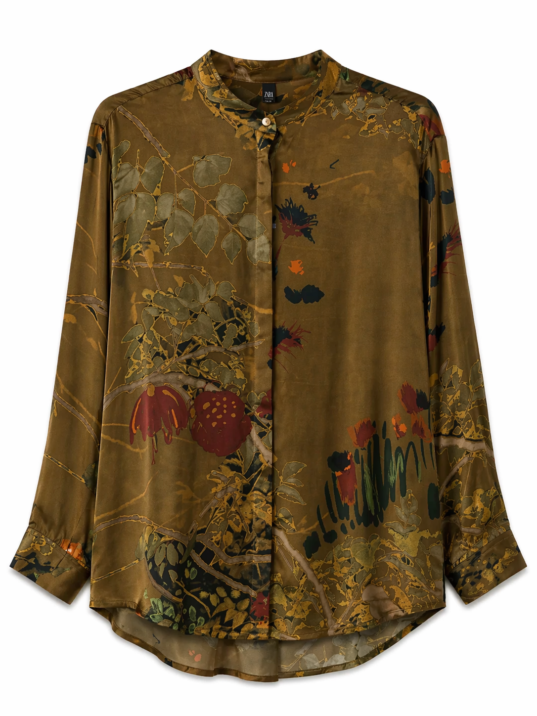 Yavi floral botanical shirt in khaki gold — front flat lay, 100% cupro
