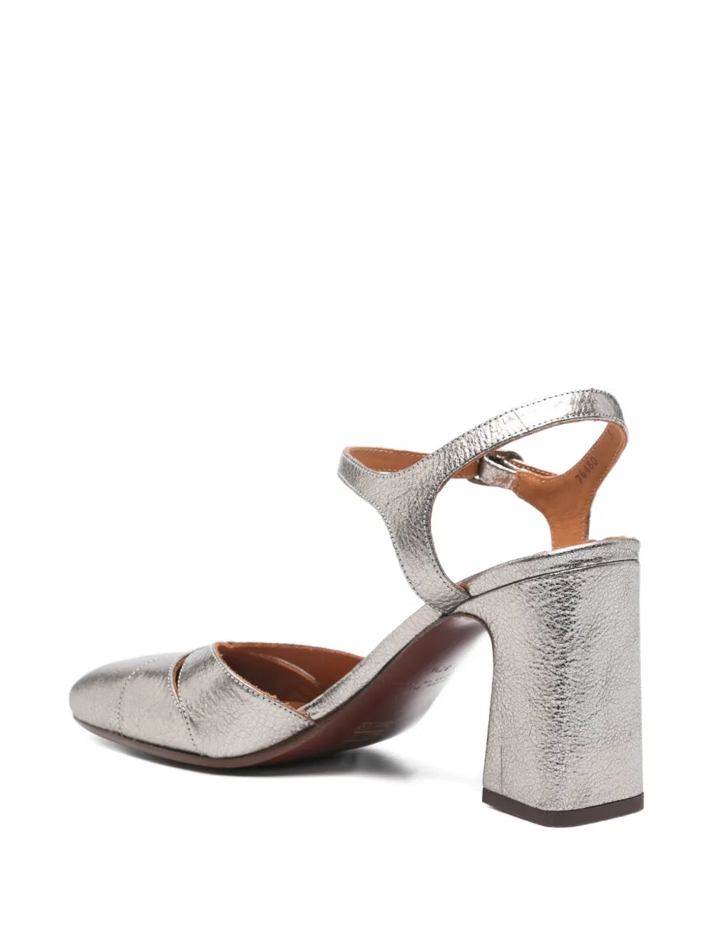 Chie Mihara Oidina women's pewter metallic crackle leather pump with high block heel and ankle strap, luxury shoes made in Spain