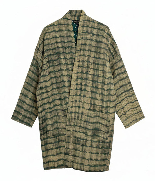 Long cotton kimono with handmade shibori technique in olive green and natural beige tones