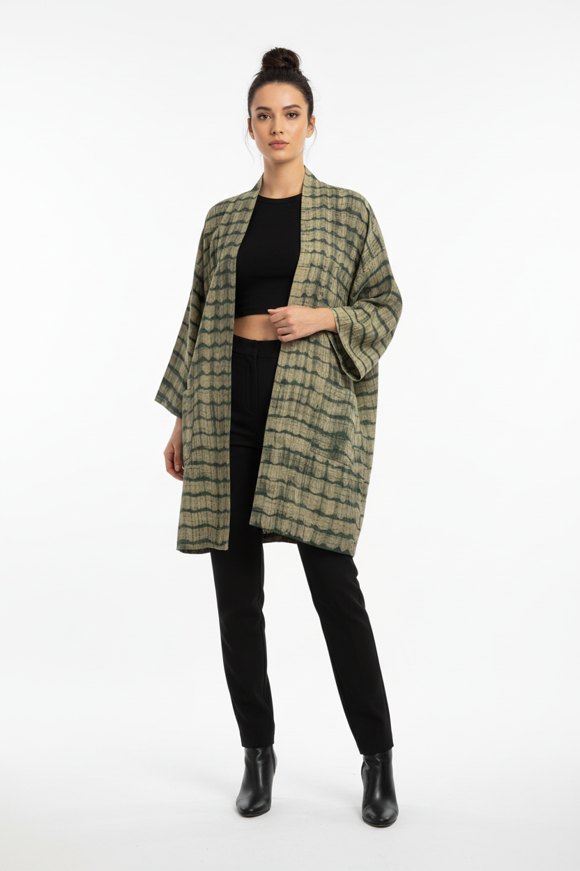 Long cotton kimono with handmade shibori technique in olive green and natural beige tones