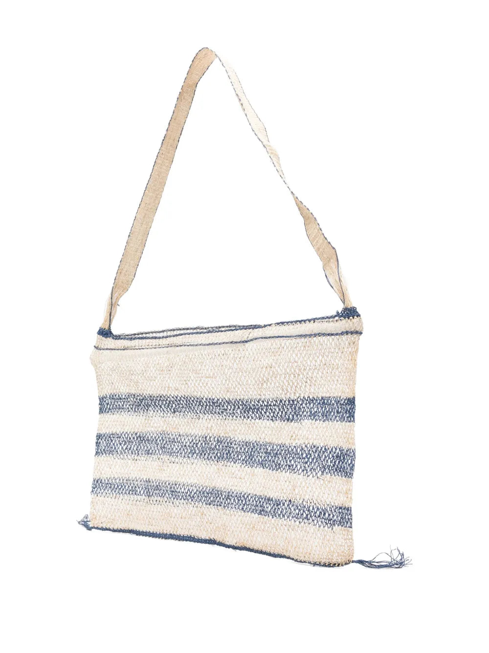 Bolso Kudzu artesanal en color natural con rayas azules y asa larga, elaborado a mano con fibra sostenible en Laos.

