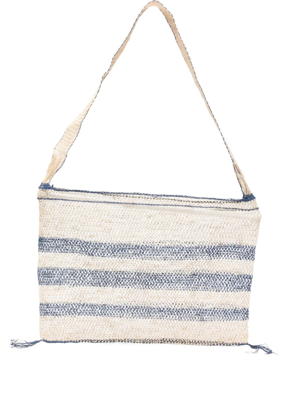 Bolso Kudzu artesanal en color natural con rayas azules y asa larga, elaborado a mano con fibra sostenible en Laos.


