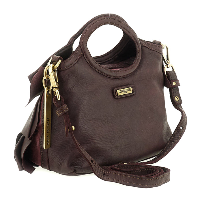 Bolso CAMILLA Prugna con asas de piel y volantes, vista posterior