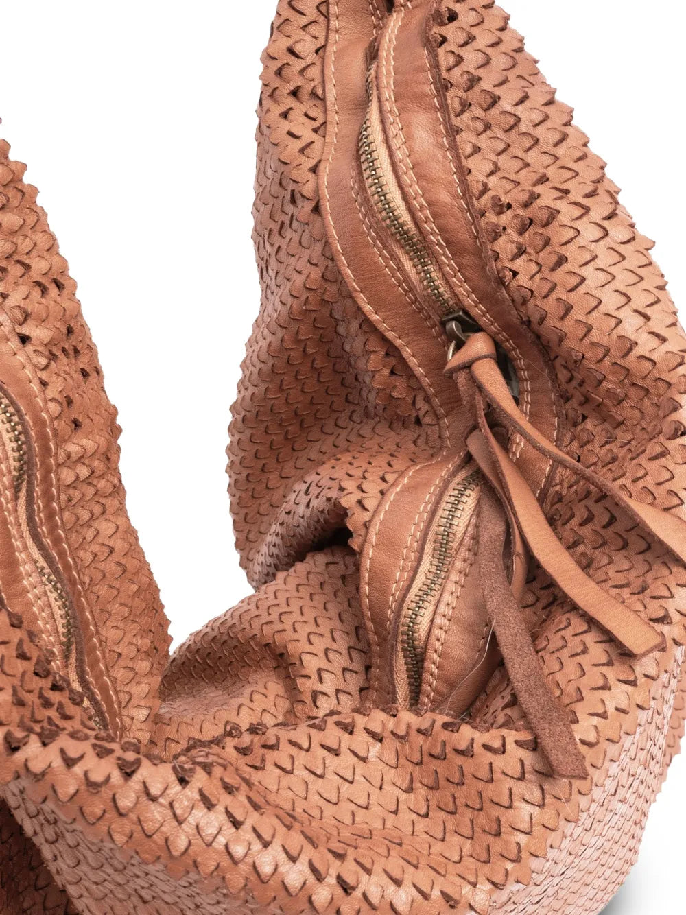 Sommet Triangulino Cuoio large tote in laser-cut vegetable-tanned leather with sculptural soft shape, handmade in Italy