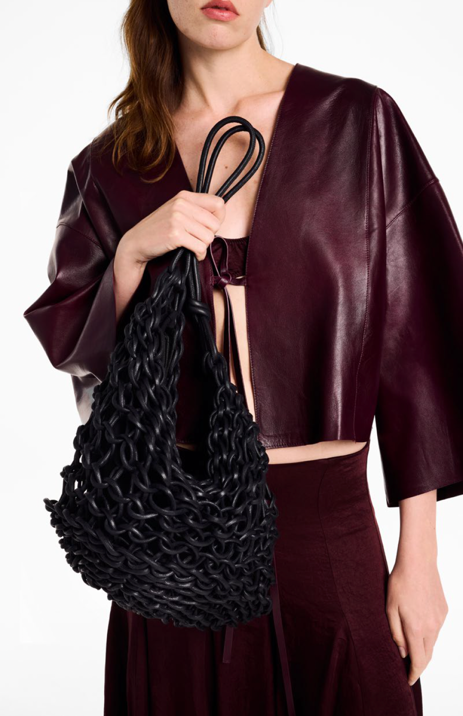 Alienina Aurora handmade cotton rope and leather bag with zipper closure and inside pocket, made in Italy