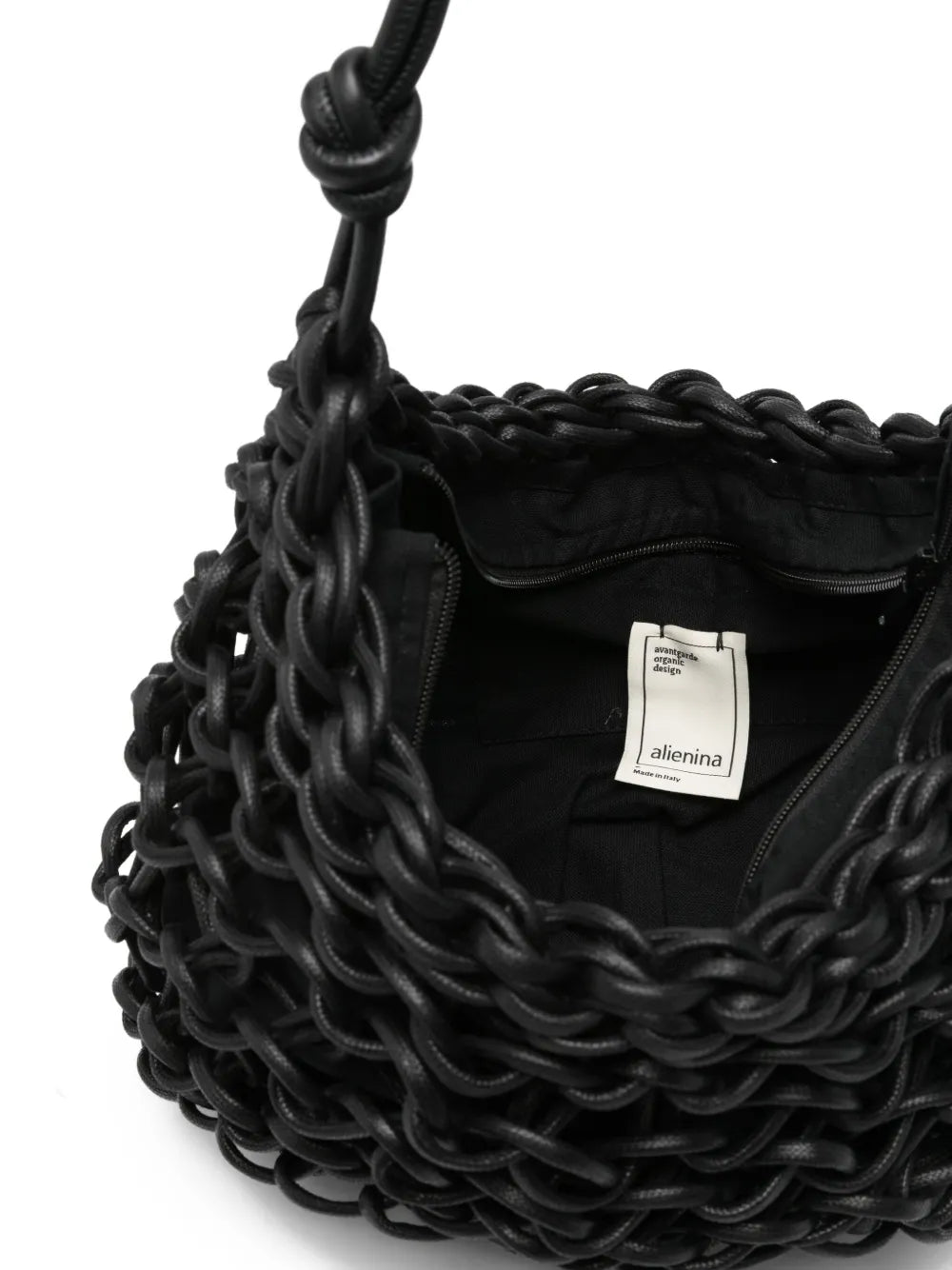 Alienina Aurora handmade cotton rope and leather bag with zipper closure and inside pocket, made in Italy