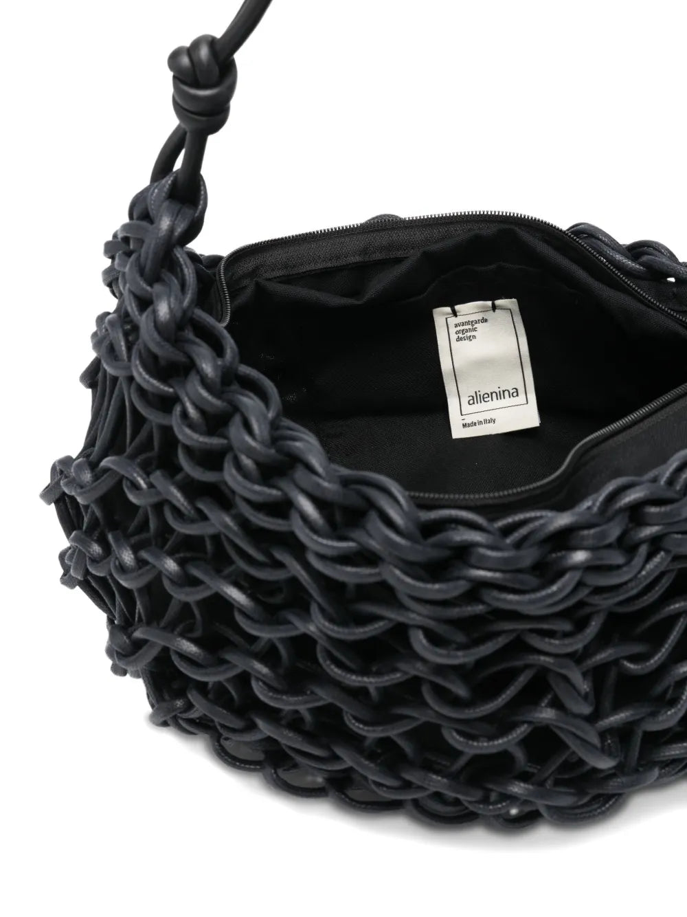 Alienina Aurora navy blue handmade cotton rope and leather bag with zipper closure, made in Italy