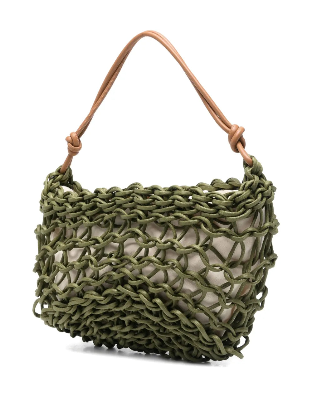 Alienina Aurora olive green cotton rope and leather bag with zipper closure, handmade in Italy