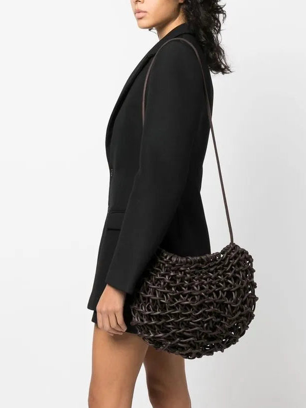 Alienina Cecilia dark brown handmade cotton rope bag with cotton lining and zipper closure, sustainable Italian craft design