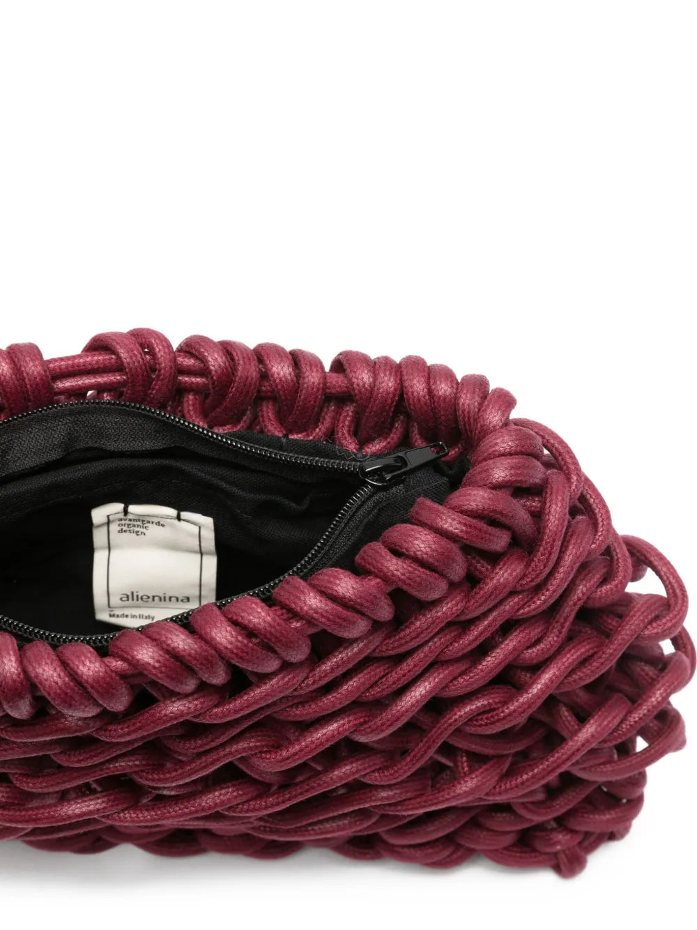 Alienina Nora hand made woven clutch in burgundy waxed cotton rope, zip closure, hand carry, made in Italy