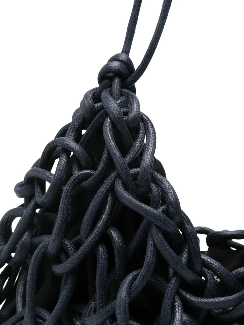 Detail of Alienina Petra handwoven waxed cotton rope bag in navy