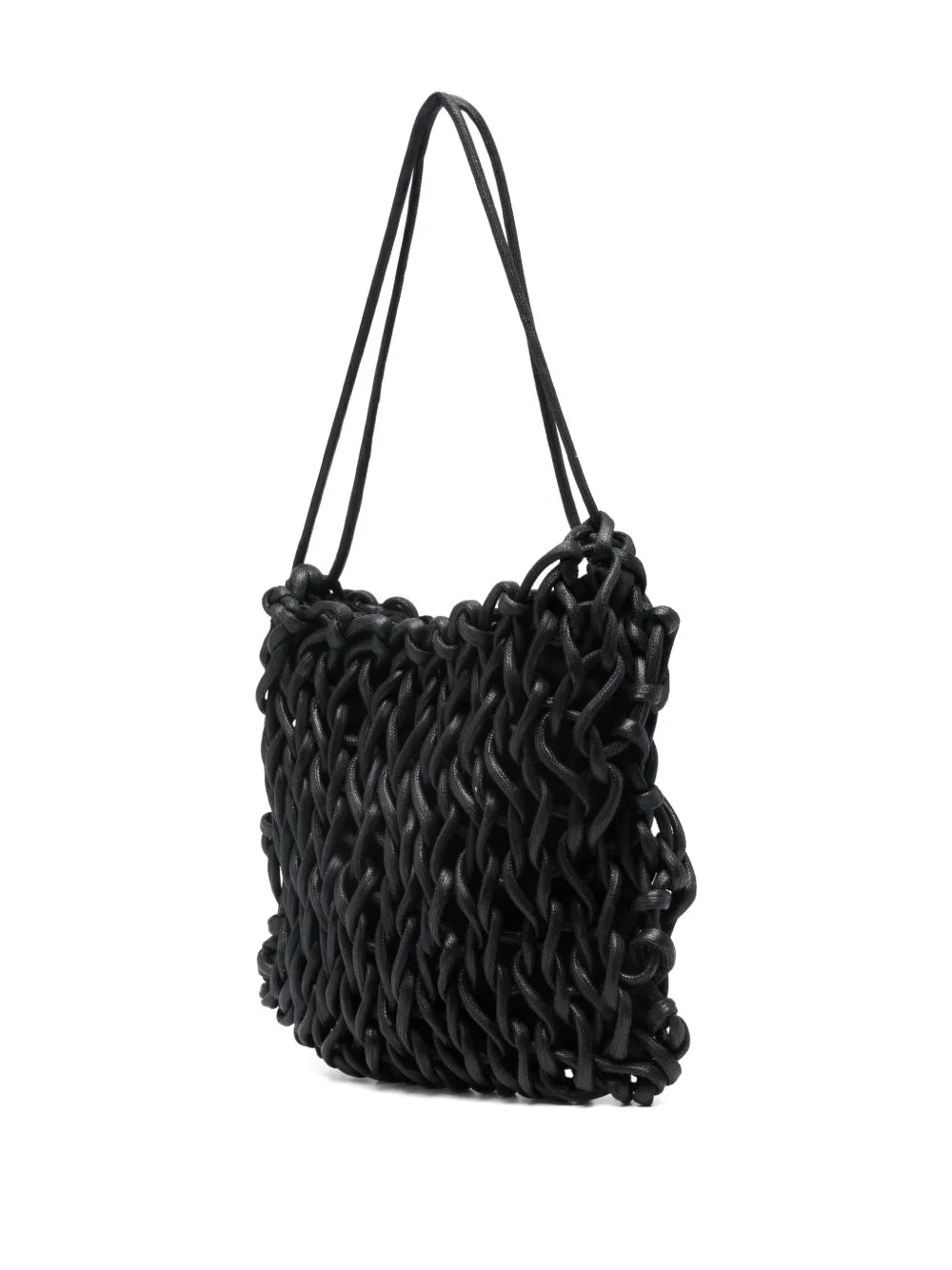 Alienina Sara bag in black leather with drawstring closure, shoulder carry, handmade in Italy