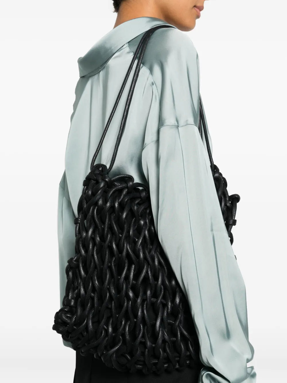 Alienina Sara bag in black leather with drawstring closure, shoulder carry, handmade in Italy