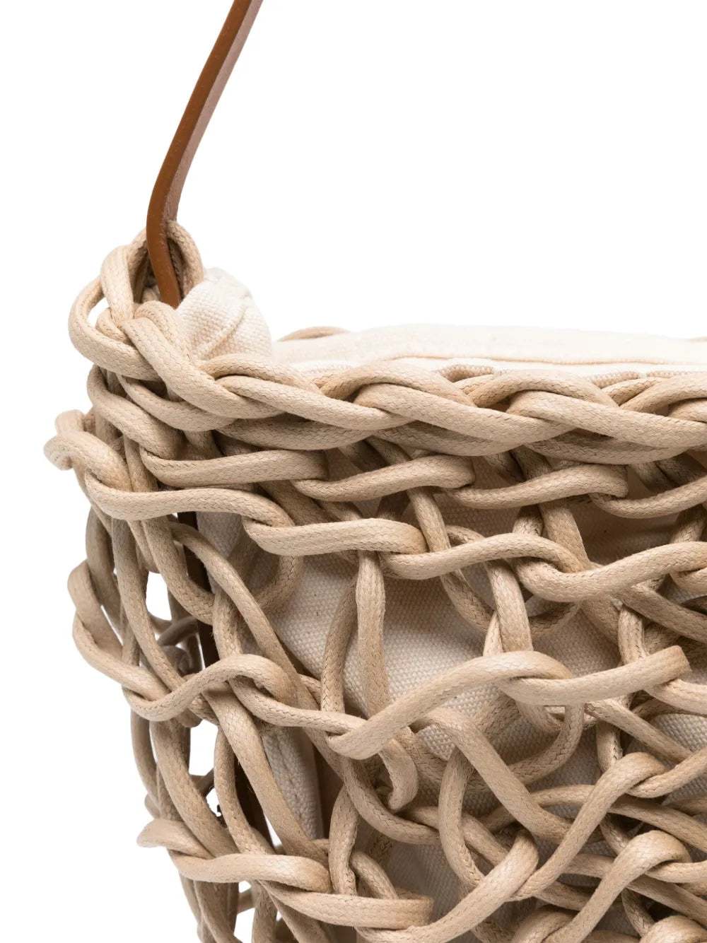 detail woven organic cotton rope bag sand leather strap handmade Italian designer bag Alienina Stella
