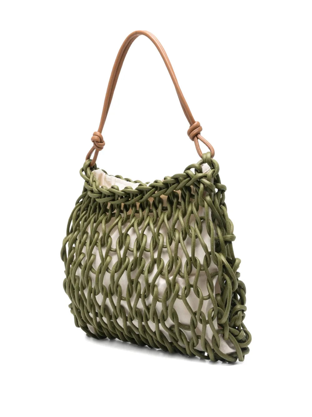Alienina Vega olive green cotton rope and leather bag with magnetic closure, handmade in Italy