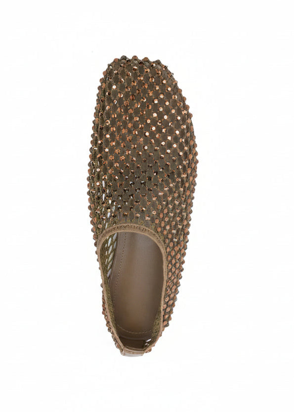 Army green ballerina flats with rhinestones, elegant women’s flat shoes with jewel finish. Strategia Shoes.