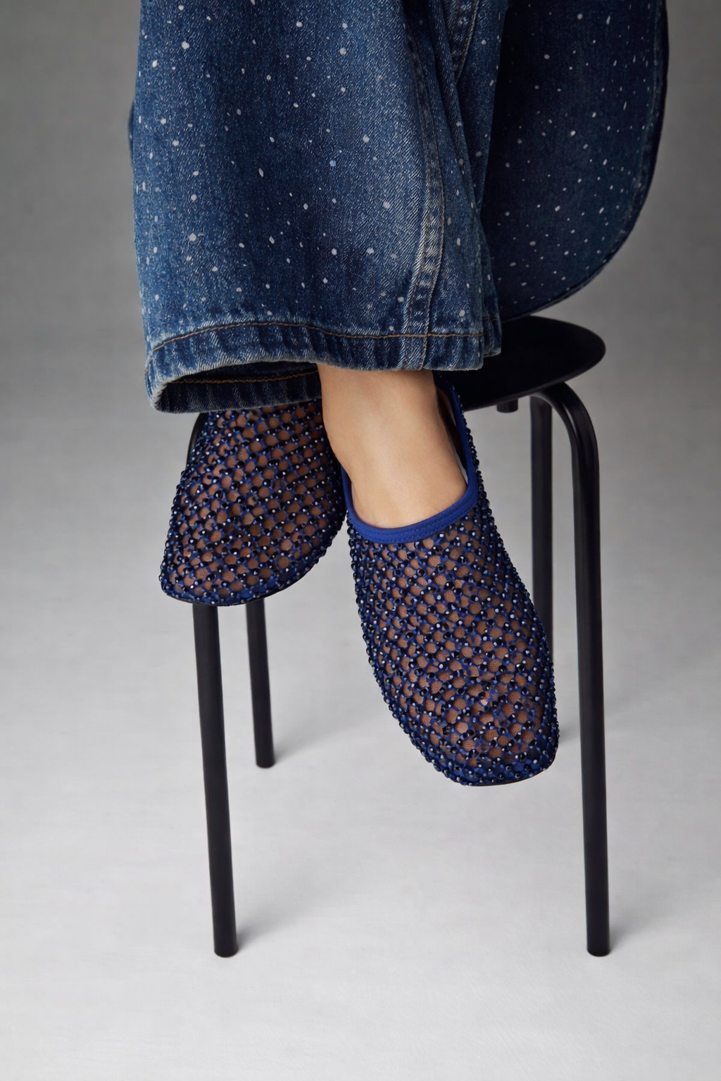 Ocean blue rhinestone mesh ballet flats with leather sole – Bijoux model