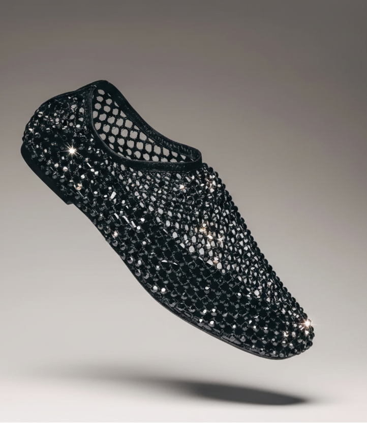 Black ballerina flats with rhinestones and ankle strap, elegant women’s flat shoes. Strategia Shoes