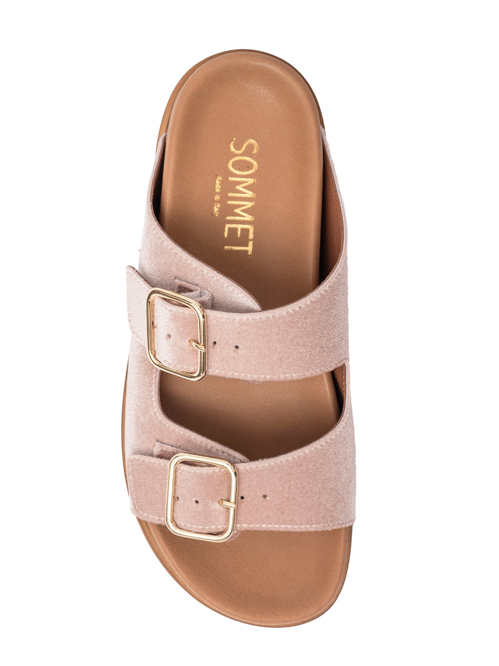 Blush pink velvet double buckle flat sandal with gold hardware — handmade in Italy | SOMMET

