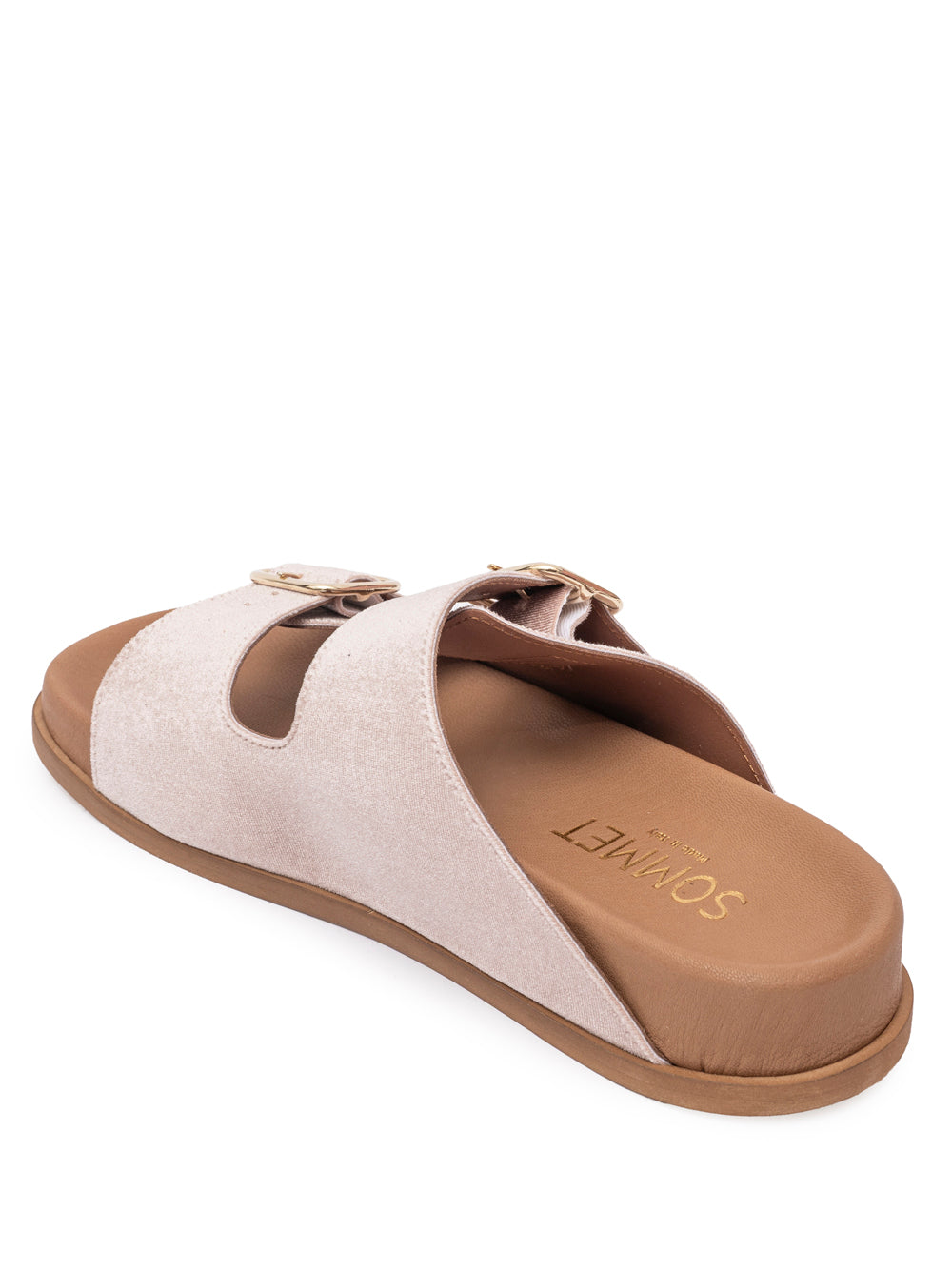Blush pink velvet double buckle flat sandal with gold hardware — handmade in Italy | SOMMET

